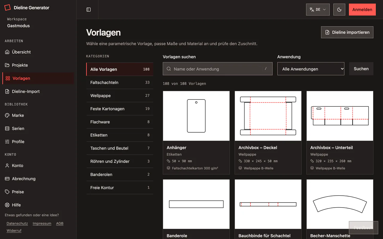 Katalog des Dieline Generators mit Kategorien, Suche und Vorlagenkacheln