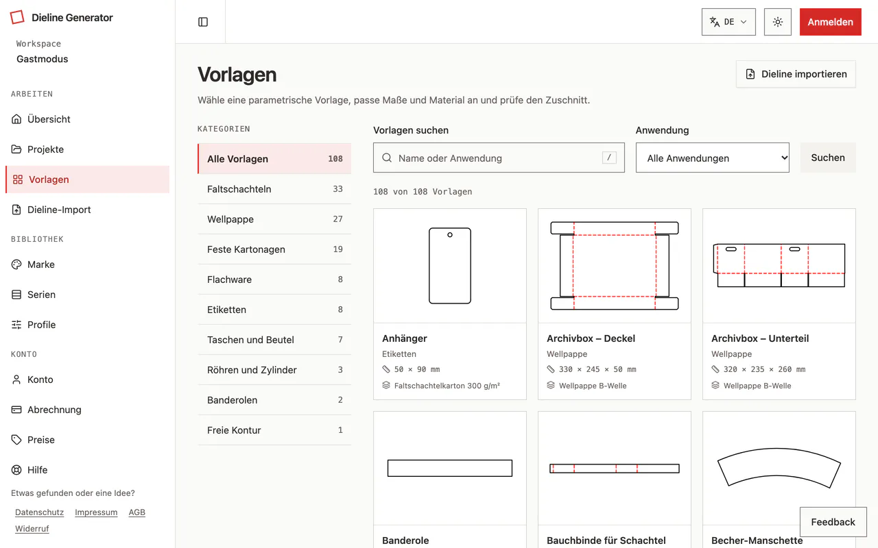 Katalog des Dieline Generators mit Kategorien, Suche und Vorlagenkacheln