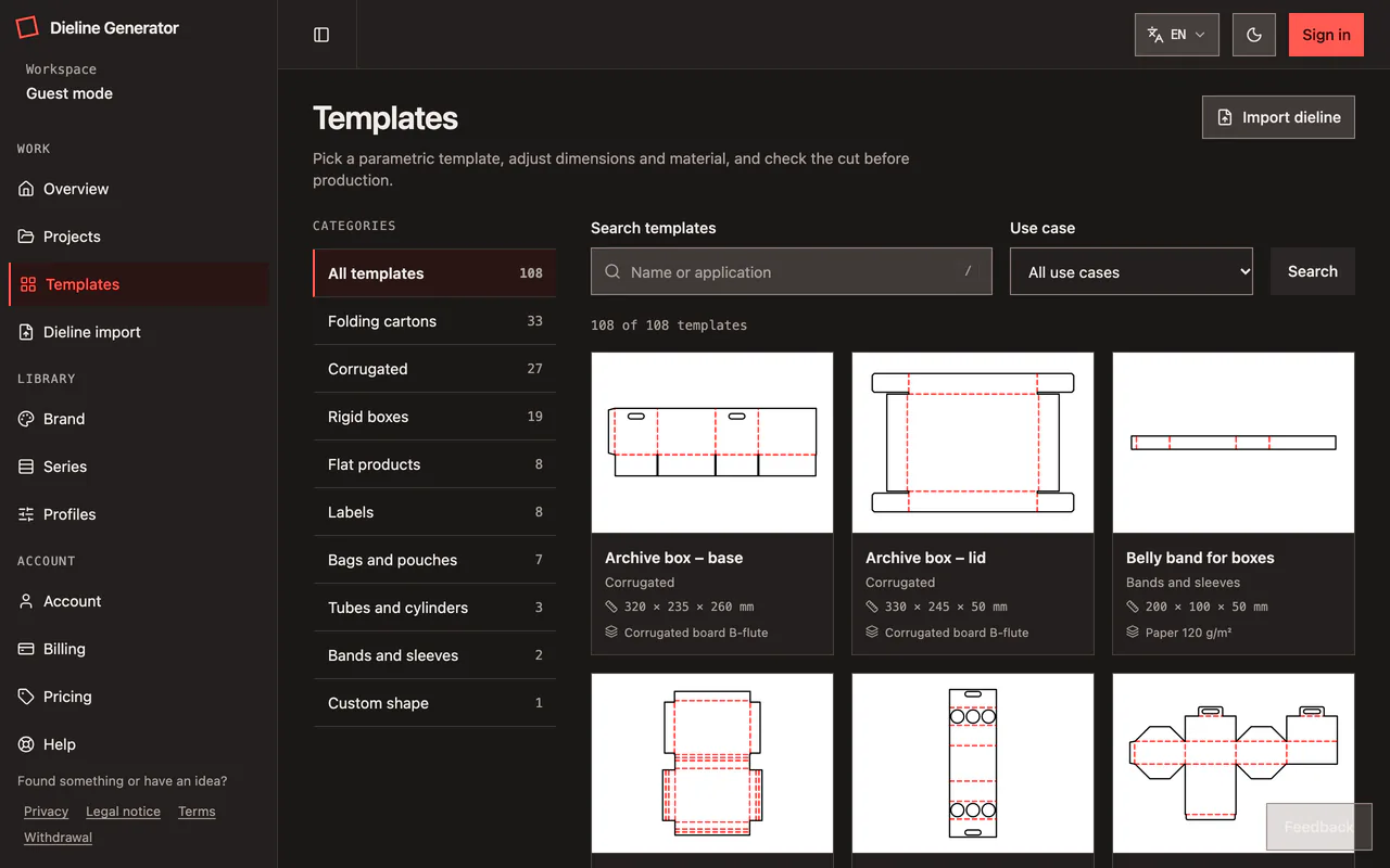 Catalogo di Dieline Generator con categorie, ricerca e riquadri dei modelli