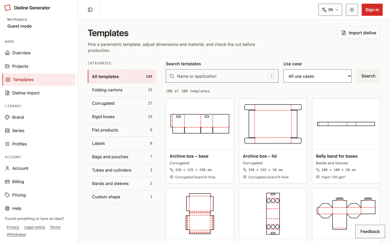 Catalogo di Dieline Generator con categorie, ricerca e riquadri dei modelli