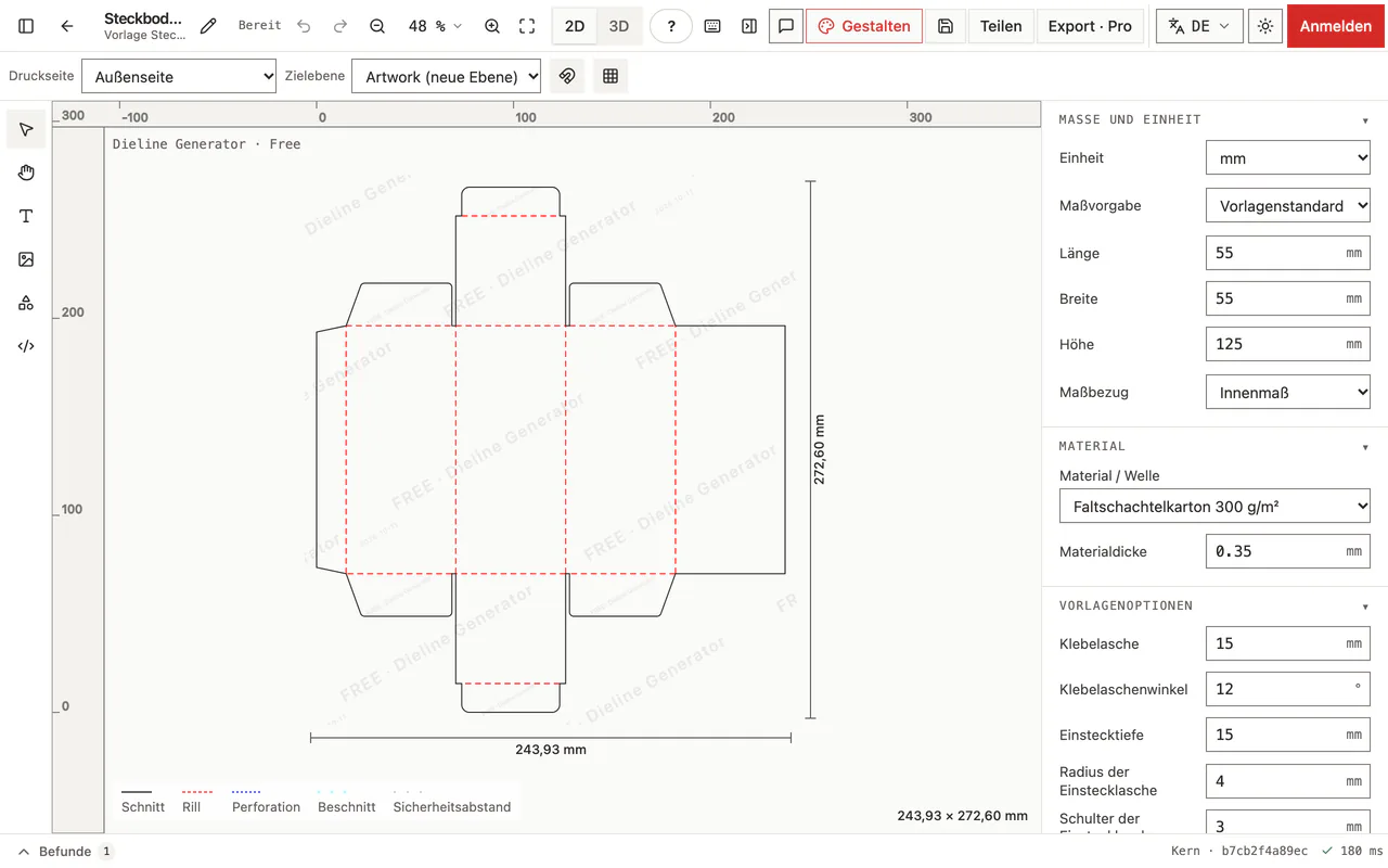 Editor mit der Dieline einer Steckbodenschachtel und dem Inspektor für Maße, Material und Vorlagenoptionen