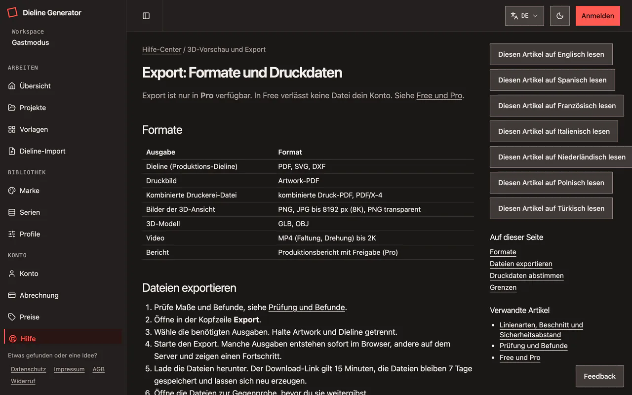 Hilfe-Center des Dieline Generators mit der Tabelle der Exportformate