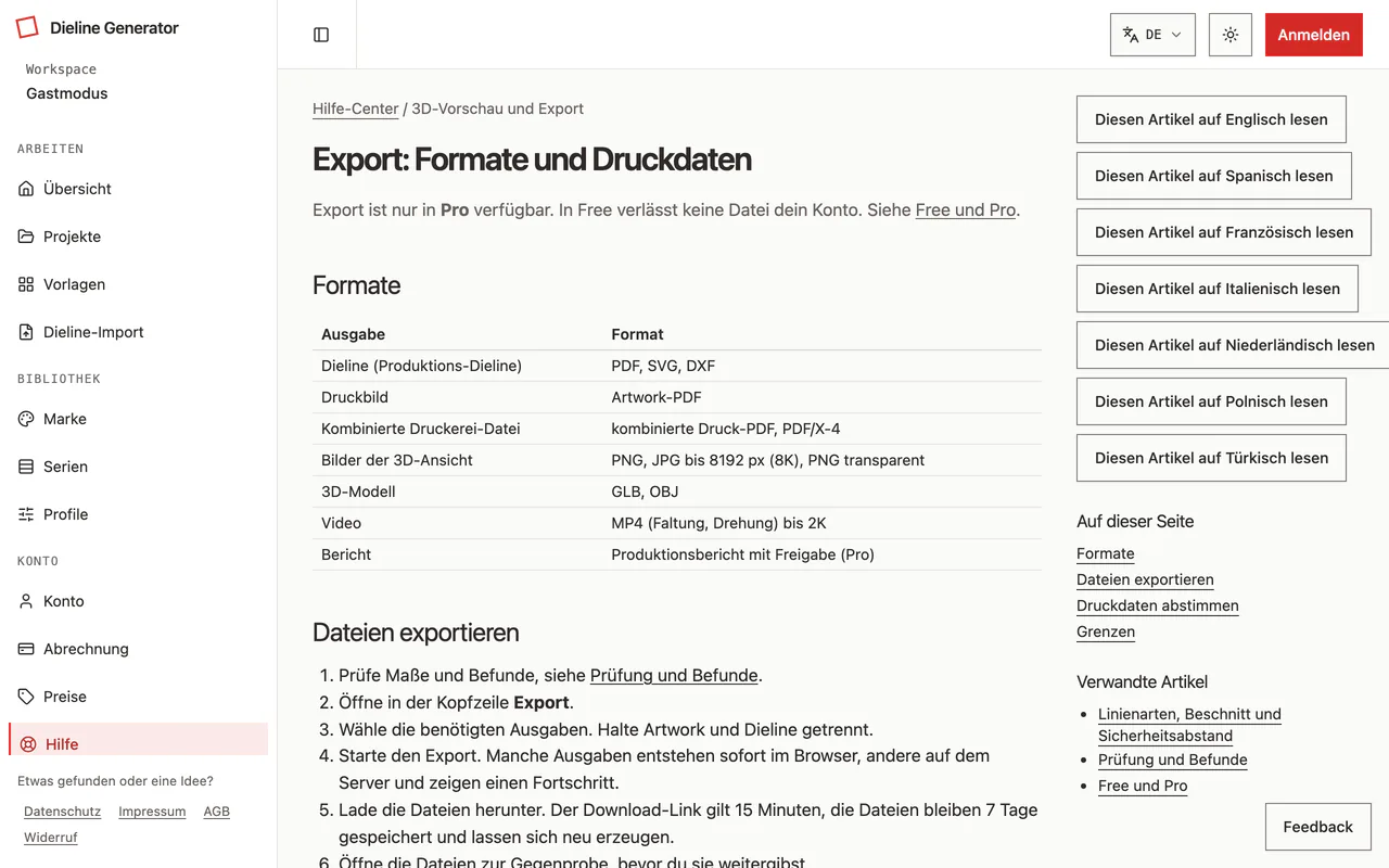 Hilfe-Center des Dieline Generators mit der Tabelle der Exportformate