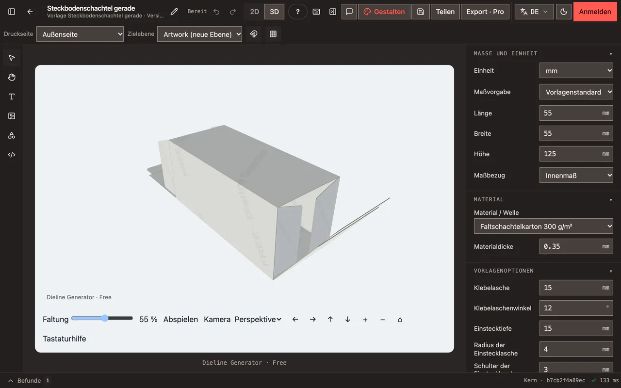 3D-Faltvorschau einer halb gefalteten Steckbodenschachtel mit dem Regler für die Faltung