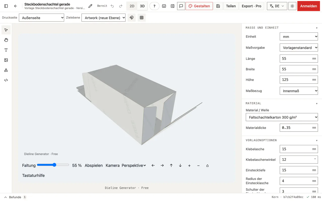 3D-Faltvorschau einer halb gefalteten Steckbodenschachtel mit dem Regler für die Faltung